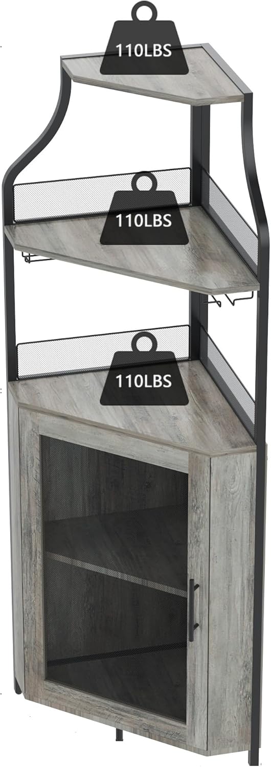 Corner Wine Cabinet Corner Bar with Detachable Wine Rack and Glass Holder, Farmhouse Style Furniture Bar with Mesh Door, 18.5