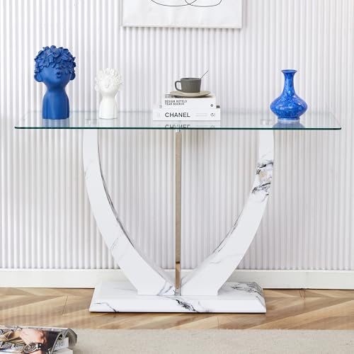 Glass Console Entryway Table, 50 inch Clear Glass Narrow Long Sofa Table, Modern Accent Table for Living Room, Entrance Table with Wood Grain U-shape Base and Metal Frame