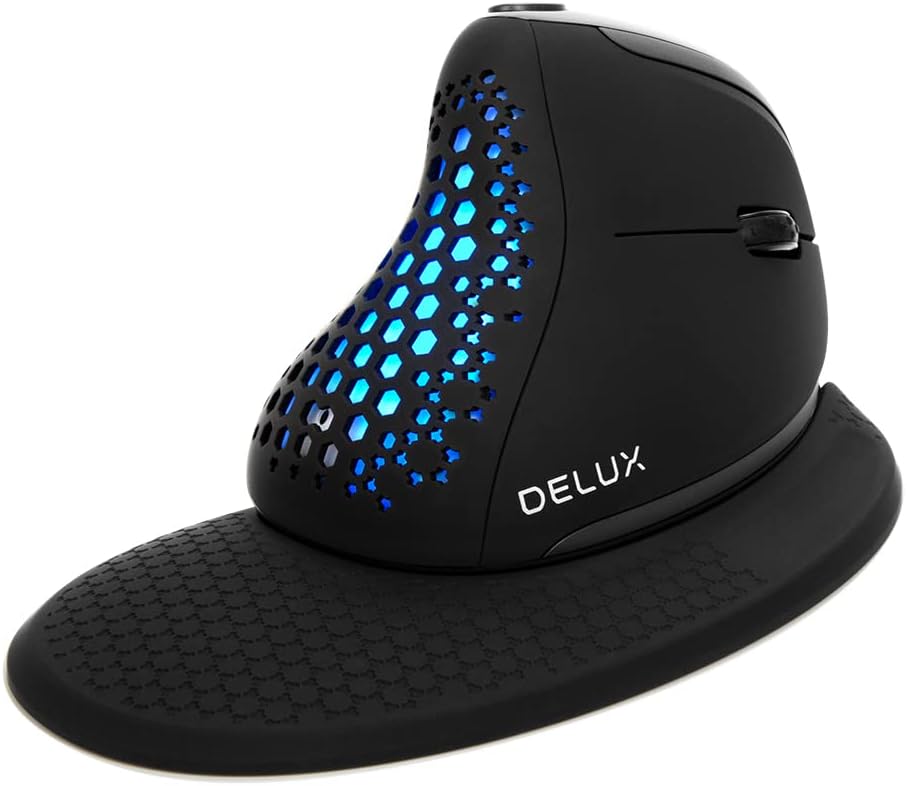 DELUX Seeker Wireless Ergonomic Vertical Mouse with OLED Screen, BT and USB Receiver, Connect with Up to 4 Devices, Thumb Wheel, 7200DPI, Programmable Rechargeable Optical Mouse(M618XSD-Black)