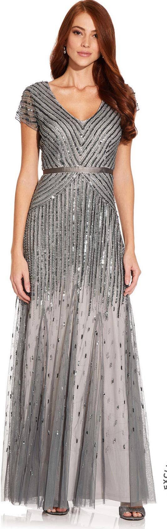 Adrianna Papell Beaded V-Neck Gown, Pewter Silver, Size: 12