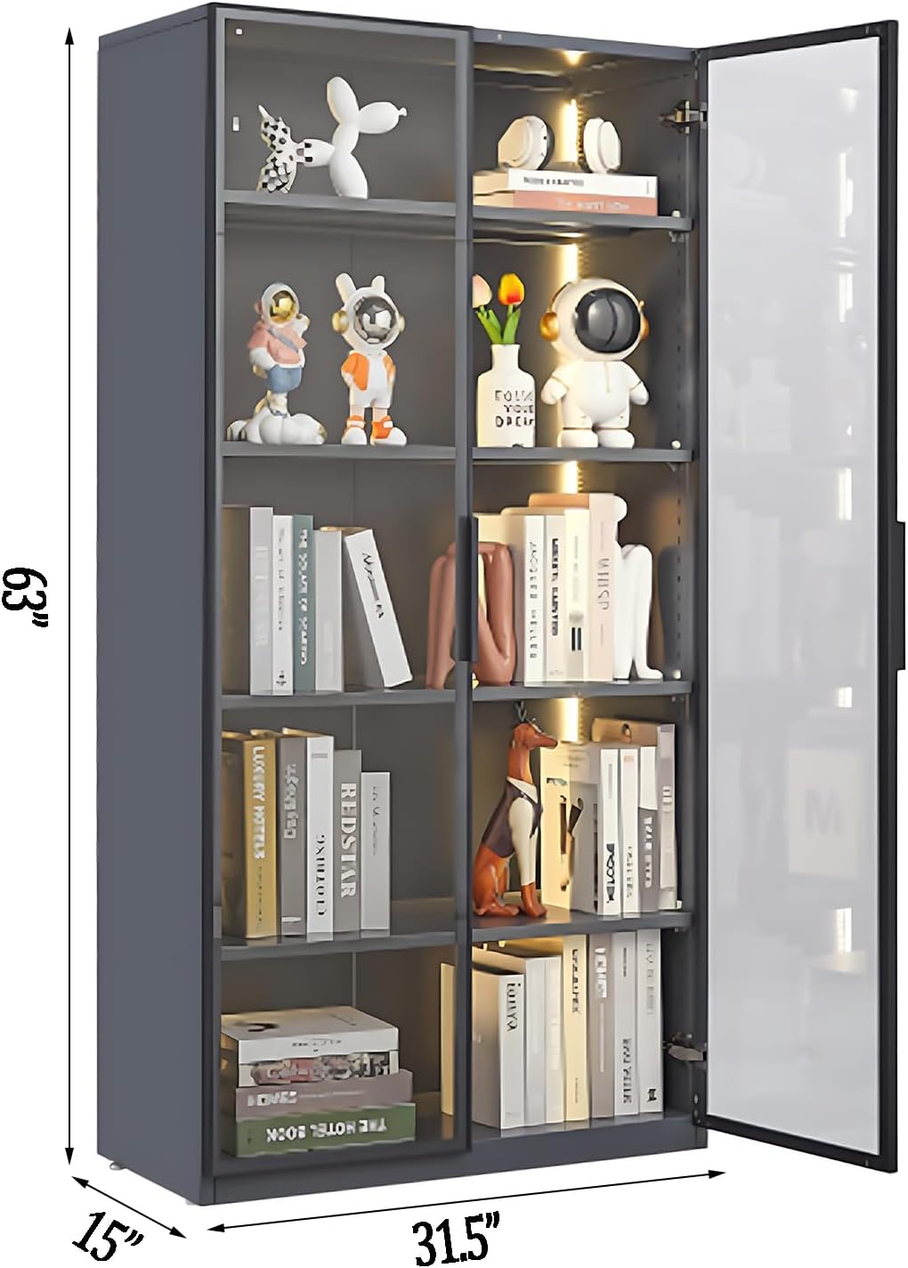 Glass Display Cabinet, Curio Cabinets with LED Lights Set and 4-Tier Shelves, Storage Cabinet for Collectibles, Living Room, Bedroom （Grey）