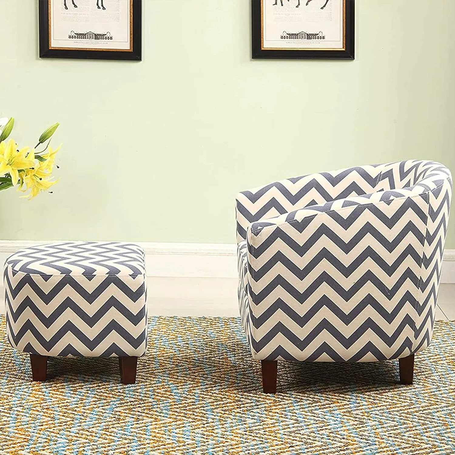 Nathaniel Home Modern Upholstered Living Accent Chair, Fabric Chevron Tub Chair with Round Ottoman