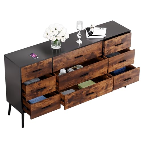 Scurrty 9 Drawer Dresser for Bedroom, White Dresser,Antique Storage Dresser with Wide Drawers, White Handles and Wooden Feet for Bedroom, Living Room&Hallway