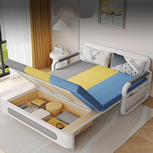 Folding Sofa Bed, Dual-Purpose Multifunctional Sofa Bed for Living Room, 2-in-1 Pull-Out Sofa Bed with Foam Mattress, Small-Space Balcony Sofa Bed with Storage (Grey-Yellow-Blue, 33*62.2*36.22 Inches)