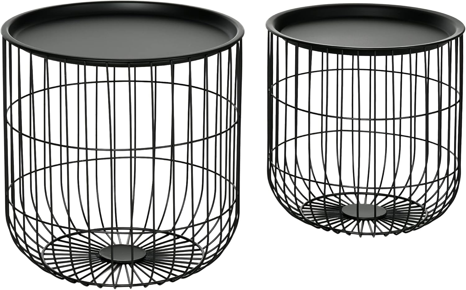 Nesting Coffee Tables, Round Coffee Table Set of 2 with Steel Wired Basket Body and Removable Top, Stacking End Tables Blanket Storage for Living Room, Black