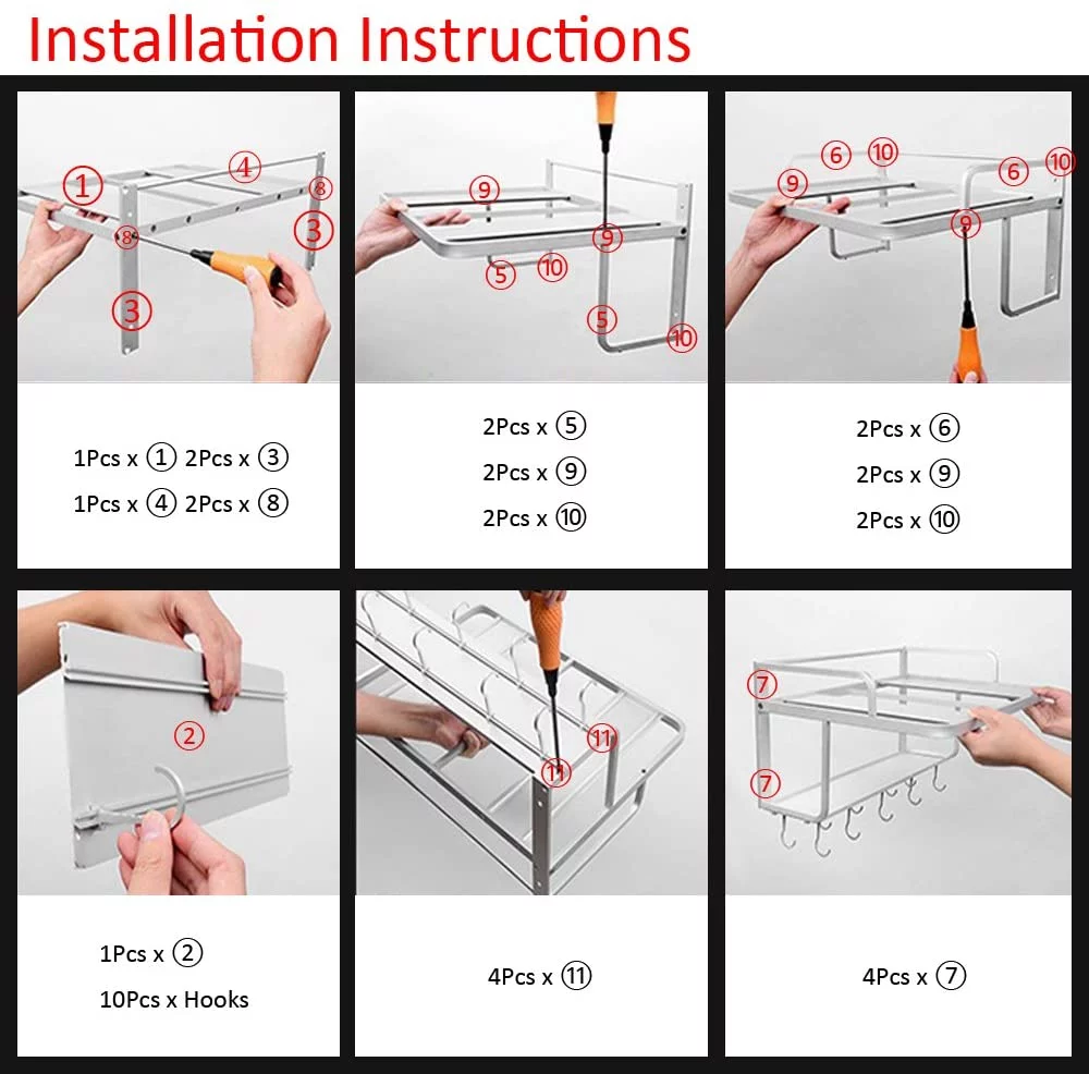 Ninetonine Alumimum Microwave Oven Wall Mount Double Deck Shelf With Hooks