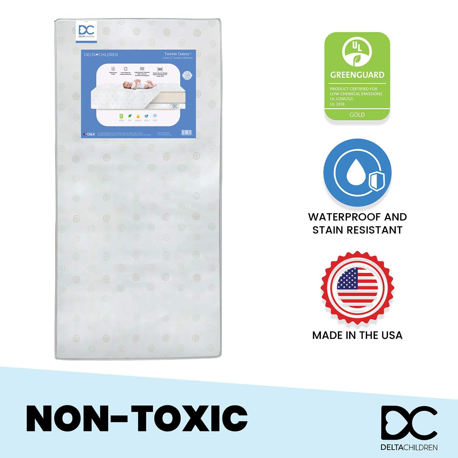 Delta Children Baby Shark Plastic Toddler Bed and Twinkle Galaxy Dual Sided Crib and Toddler Mattress Bundle