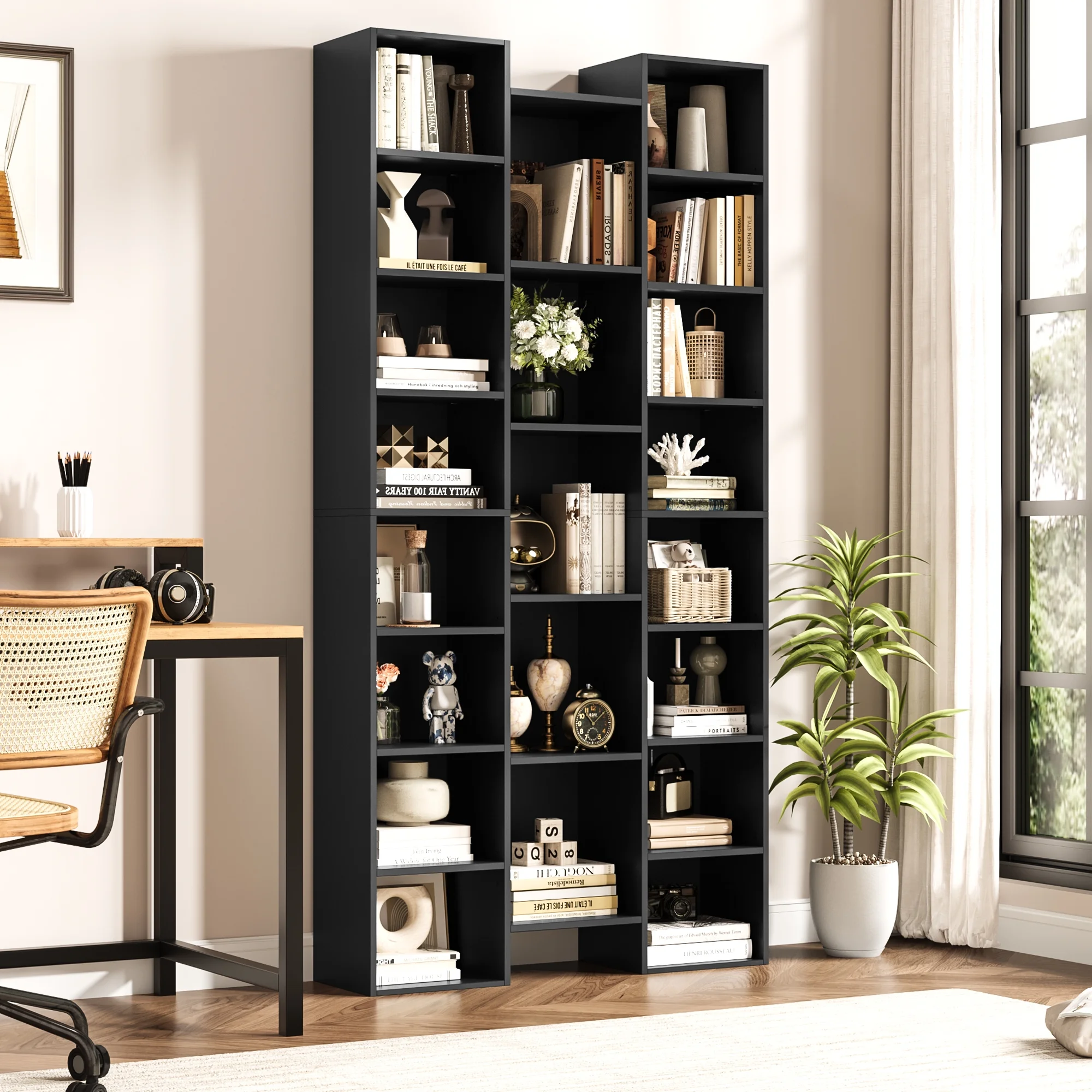 Homfa 21-Cube Bookcase and Bookshelves with Adjustable Shelves, Triple Width Open CD Display Storage Rack, Black
