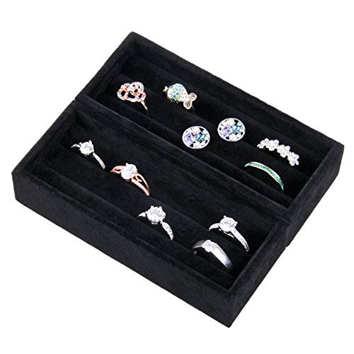 Small Jewelry Tray-Ring Organizer 2PCS Premium Velvet Rings Earrings Display Tray Storage Insert Holder for Jewelry Box, Drawer, Dresser (8 Slots, Black)