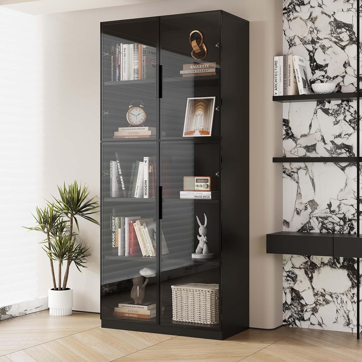 Display cabinet with LDE light and Glass Doors, Bookcase Bookshelf, Wooden Display Cabinet for Home Office, Living Room, and Dining Room - Black (31.5 