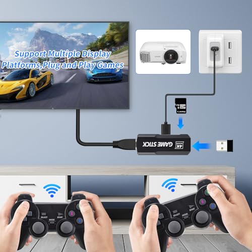 QEUVOON Wireless Retro Game Console Stick, Upgrade Retro Video Gaming Stick Built in 20000+ Games with 23 Emulators, 4K HDMI Output with 2 Pack 2.4G Wireless Controllers for Nostalgia Gifts-64GB