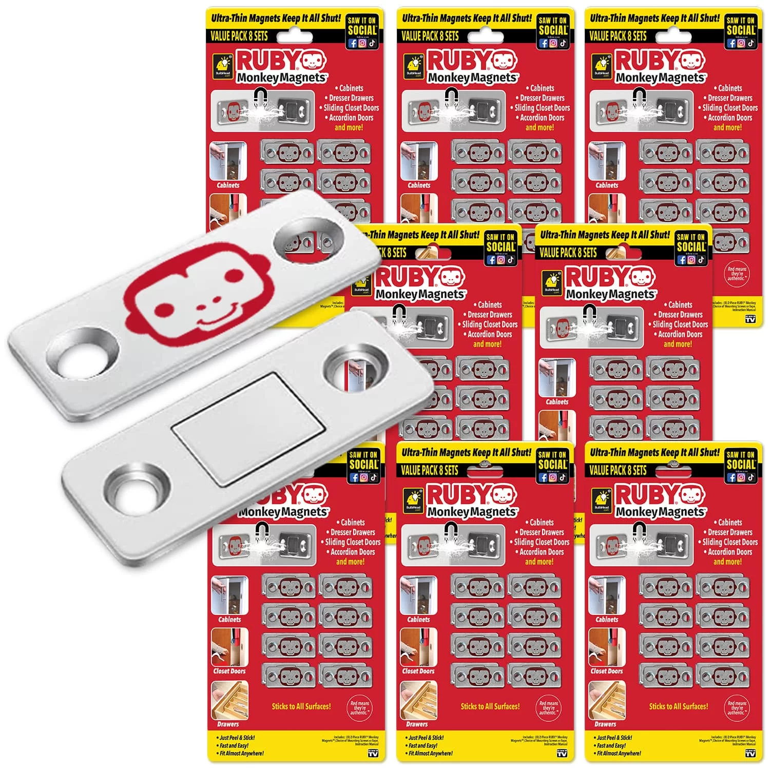 RUBY Monkey Magnets Ultra-Thin Magnetic Plates Keep It All Shut, AS-SEEN-ON-TV, 8 Pack