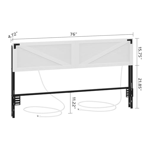 Queen Size Headboard Only, Headboard with 2 Outlets and 4 USB Ports, Farmhouse Headboard, with LED Lights, Secure Storage with Raised Fence, with Bed Frame Adapter, White and Black