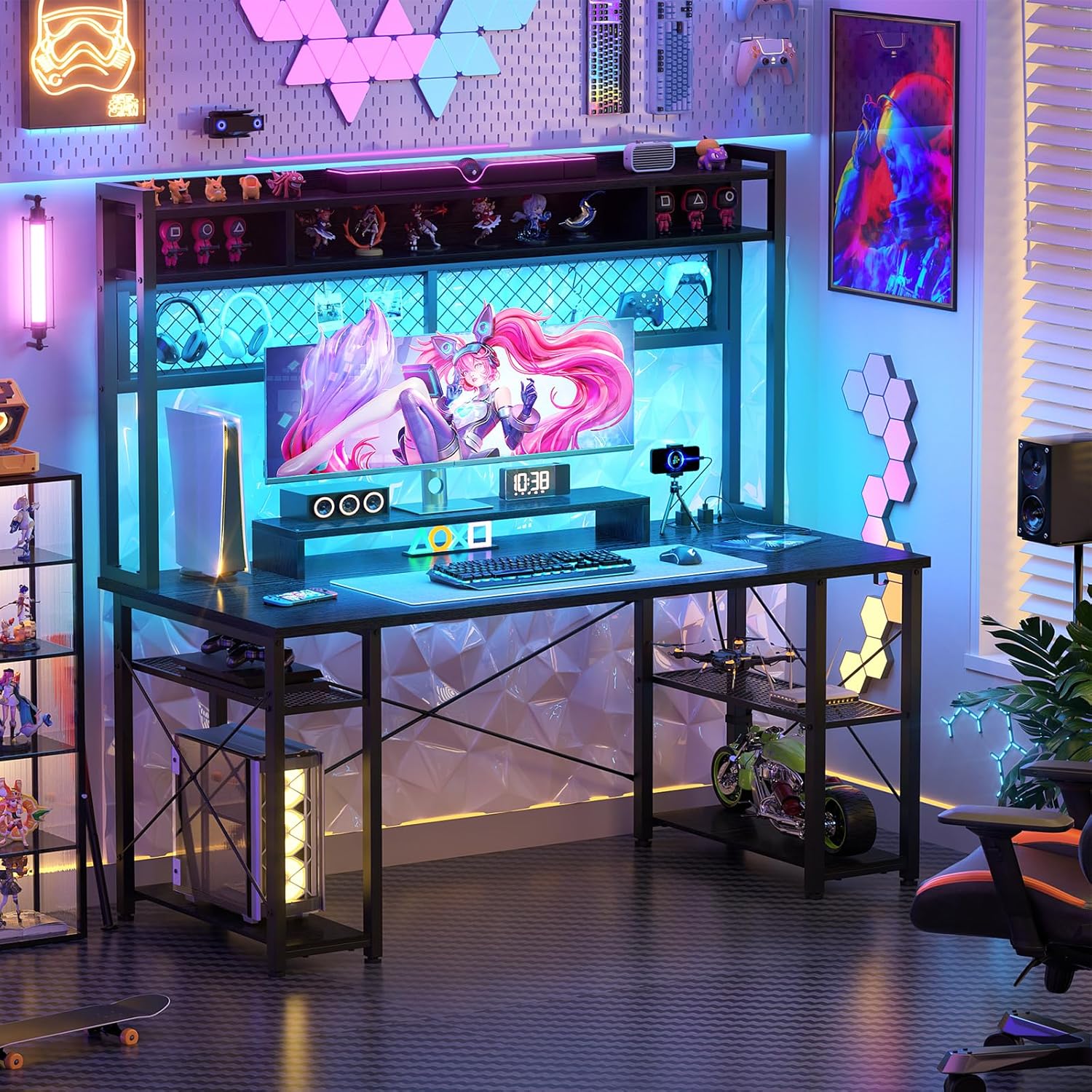 Gaming Desk with Hutch - 55 Inch Computer Desk with LED Lights & Power Outlet, Home Office Writing Desk with Storage Shelf and Monitor Stand, Black