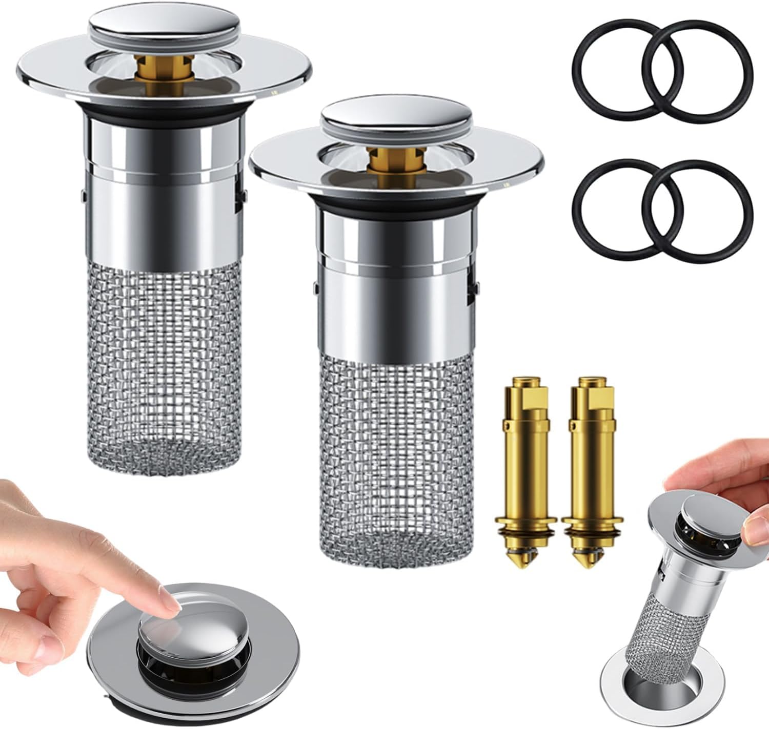 Bathroom Sink Stopper and Hair Catcher 2PCS 304 Stainless Steel Pop-Up Sink Drain Strainer with Removable Stainless Steel Filter Basket Hair Catcher for 1.1''-1.3'' Drain