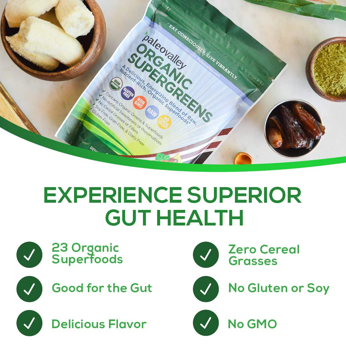 Paleovalley: Organic Supergreens - Raw Green Superfood Powder - 30 Servings - Contains 23 Organic Superfoods - No Cereal Grasses, Soy, Grain, Dairy, Gluten or GMO - for Good Gut Health and Immunity