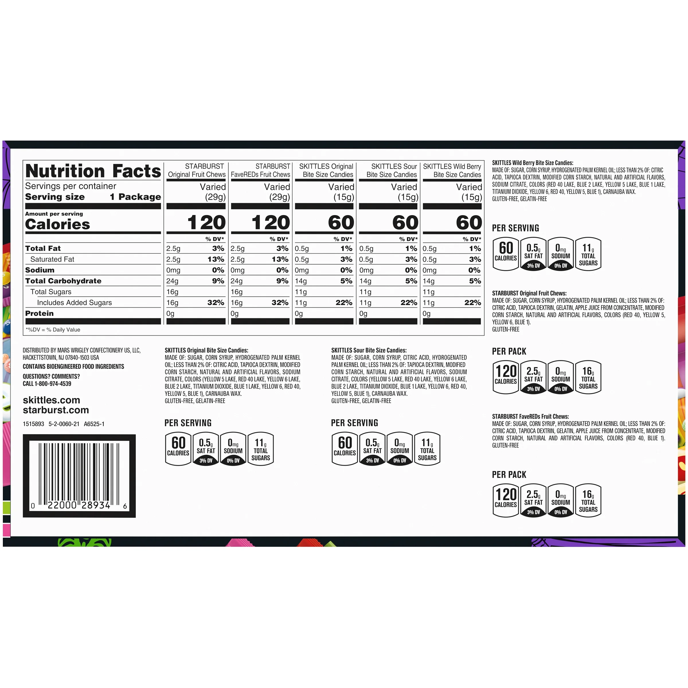 Mars Mixed Skittles & Starburst Chewy Variety Pack Halloween Candy, 18 Count Box