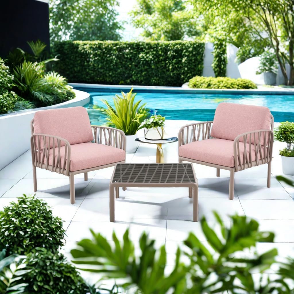 3-Piece Patio Set, Outdoor Furniture Set with Thick Cushions, armchairs Plastic with Cushion Waterproof Chair Furniture Sofa Set with Patio Coffee Table for Backyard,Balcony,Garden,Pink