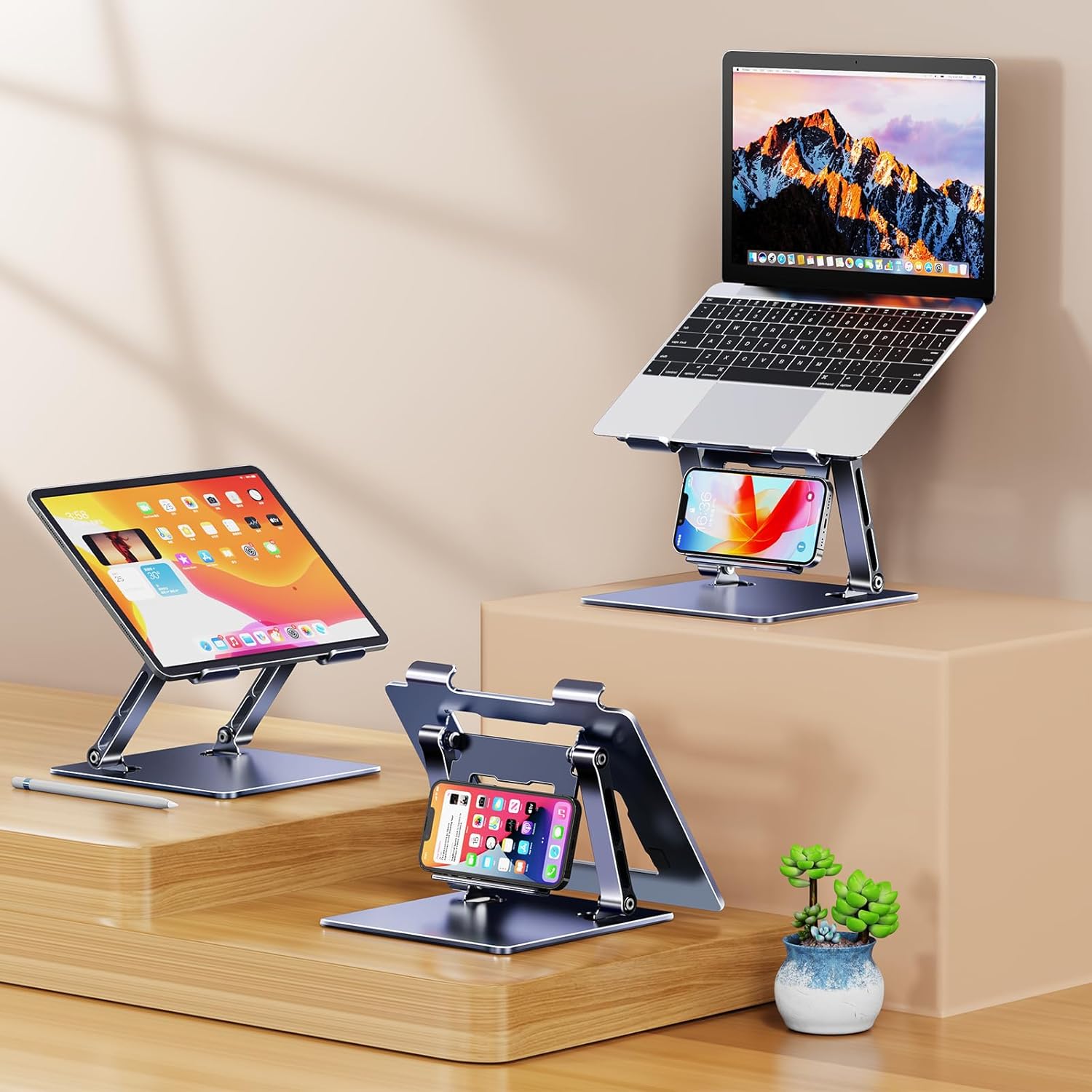Adjustable Height Laptop Stand for Desk with Phone Holder, Ergonomic Design Foldable Computer Holder Laptop Riser Compatible with MacBook Pro/Air Notebook up to 16 inches Laptops, 4.7-6.7