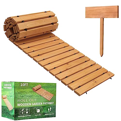 LINSHRY 8FT Wooden Garden Pathway, Outdoor Roll Out Garden Walkway, Weather-Resistant Decorative Garden Boardwalk Walkway Pavers for Patios, Backyard, Beach, Wedding Party Pathways