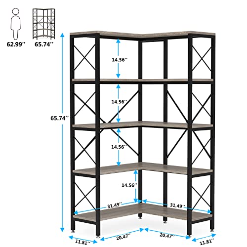 Tribesigns 5-Shelf Corner Bookshelf, Large Modern Corner Bookcase, 5-Tier Tall Corner Shelf Storage Display Rack with Metal Frame for Living Room Home Office (Grey)