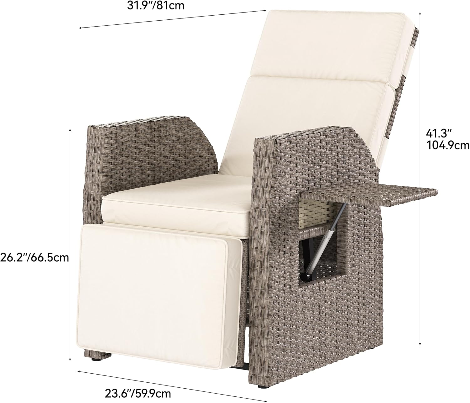 YITAHOME Outdoor Recliner Chair, Patio Wicker Lounge Chair with Adjustable Angle, Flip Table, Reclining Lounge Chair for Outside with Thick Cushions for Deck Backyard Pool Side, Beige(1 pack only)