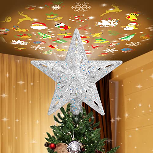 Christmas Tree Topper Lighted with 6 Projection Slides, PliMook Snowflake Christmas Tree Topper LED Rotating 3D Lighted Tree Toppers Glitter Tree Topper Projector for Christmas Tree(Gold)
