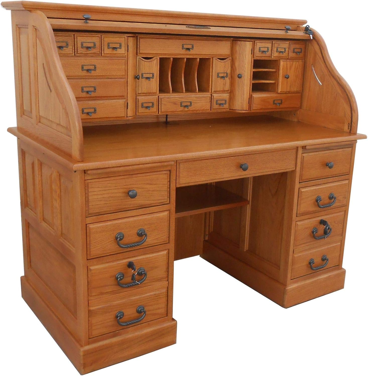 Roll Top Desk Solid Oak Wood 54 inch Deluxe Executive Desk Harvest Stain Home Office Secretary Organizer Roll Hutch Top Easy Assembly Quality Crafted Construction Locking File Drawers Dovetailed
