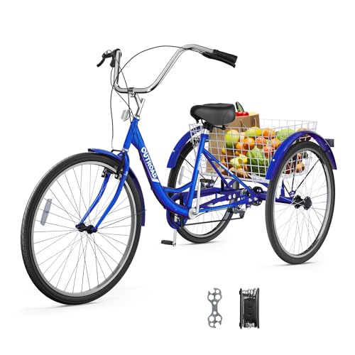Outroad Adult Tricycle, 24/26 inch 7 Speed Cruiser Trike, 3 Wheel Bikes with Large Basket for Seniors, Women, Men, Adult Trikes for Shopping Picnic Outdoor Sports,26 inch Blue