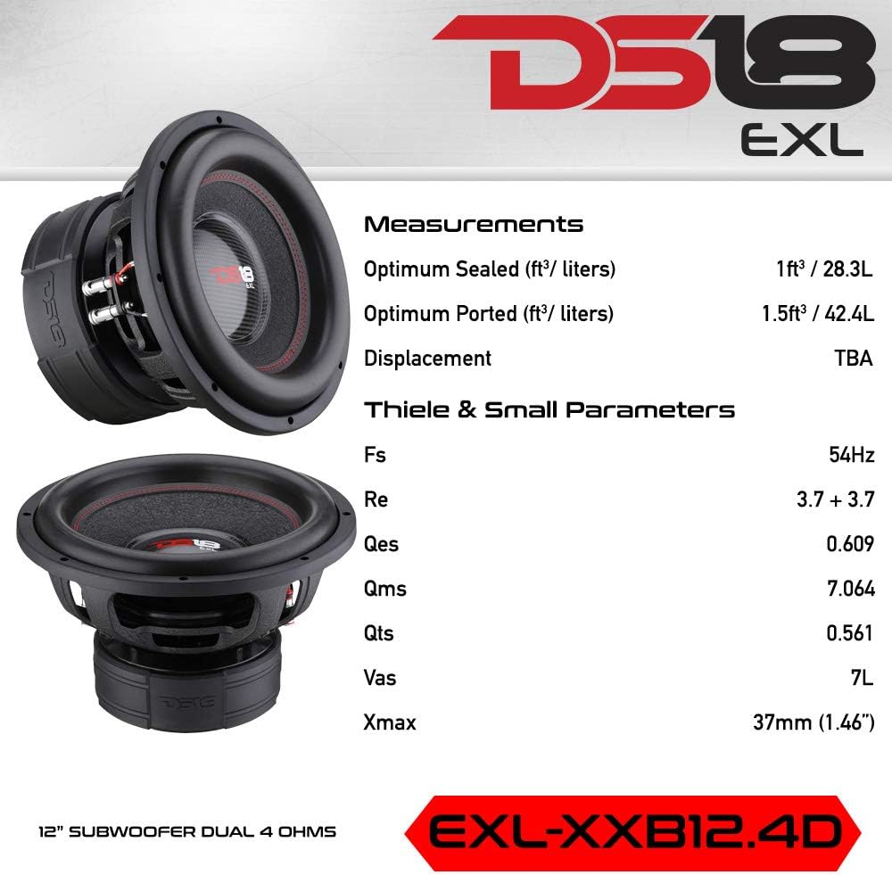 DS18 EXL-XX12.2DHE 12” High Excursion Car Subwoofer 4000 Watts Dual Voice Coil 2+2 Ohms (1 Speaker)