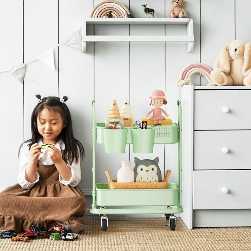 2 Tier Rolling Cart, Metal Utility Cart with Wheels, Foldable Under Desk Storage Cart, Small Folding Bookshelf Trolley for Living Room, Kitchen, Bathroom, Bedroom and Office,Pastel Green