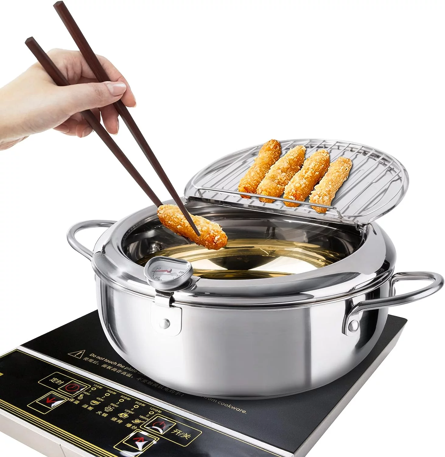 Deep Fryer Pot, 11 Inch/4.2 L Janpanese Style Tempura Frying Pot with Lid, 304 Stainless Steel with Temperature Control and Oil Drip Drainer Rack, for Kitchen French Fries, Chicken etc