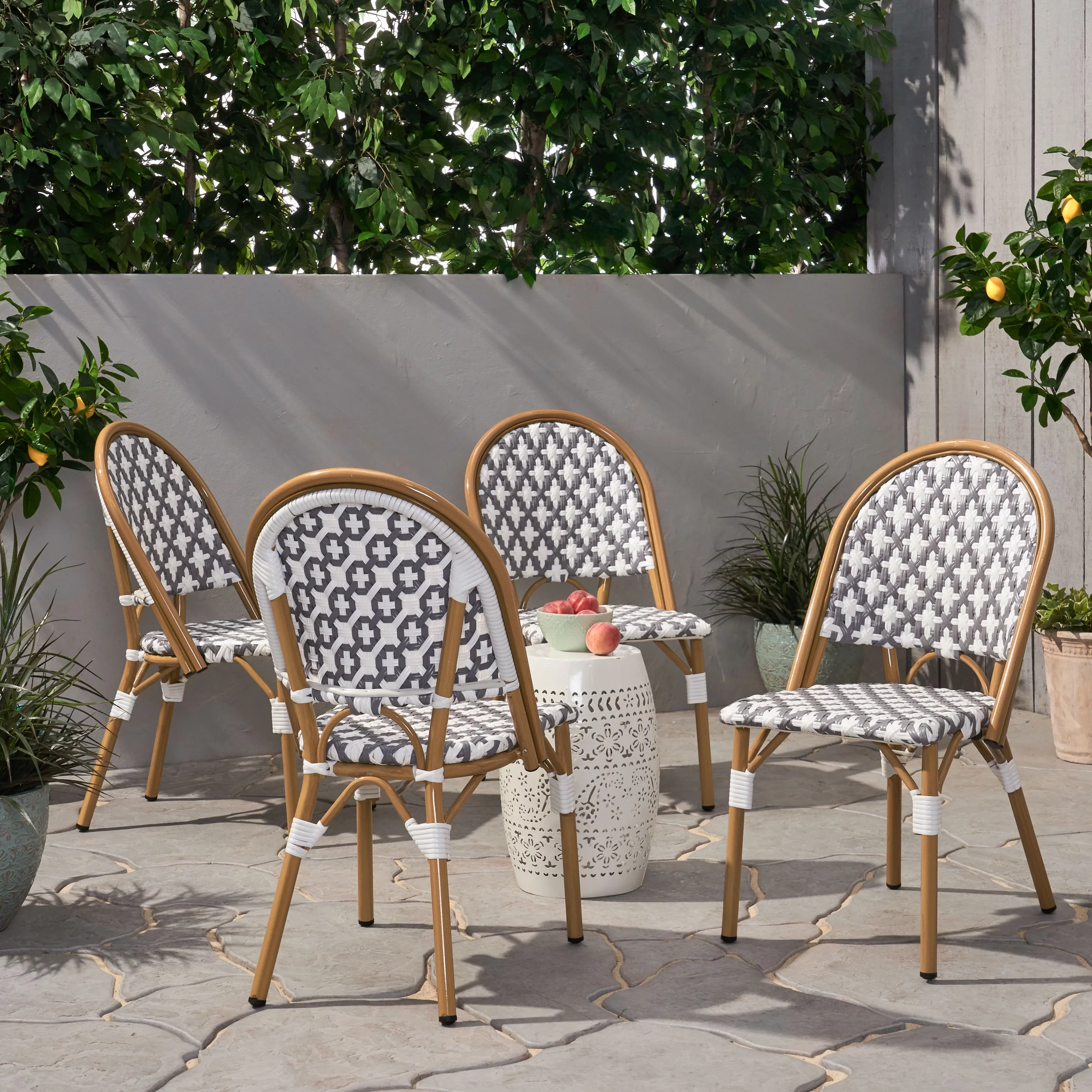 Jordy Outdoor French Bistro Chair , Set of 4, Gray, White, and Bamboo Finish