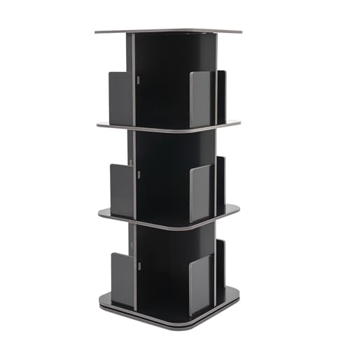 Rotating Bookshelf, 3 Tier 360° Revolving Bookcase Corner PVC Wood Board Bookcase, Stackable Bookshelf Organizer, Storage Display Rack Floor Standing for Office Home Living Room (Black)