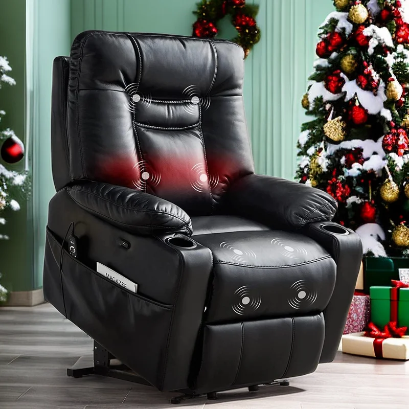 Comfort Stretch Electric Recliner Chairs for Elderly,Power Lift Recliners Chair with Massage Heat for Adults,Adjustable Furniture for Back,Lumbar,Legs,Leather,2 Side Pocket,Large Size Black