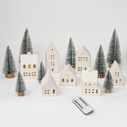 23 Pcs Christmas Village Set - 7 White Ceramic Houses with Remote LED Tea Lights and 8 Snow Trees, Farmhouse Christmas Decorations Indoor for Tabletop Fireplace Mantel Shelf Decor