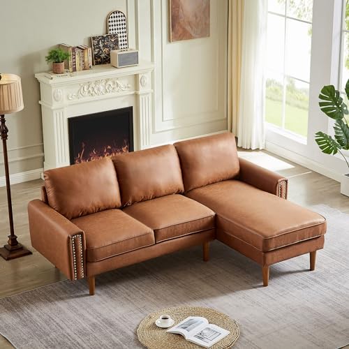 Setawix Convertible Sectional Sofa with Reversible Chaise L-Shaped Couch 3 Seat Suede Fabric Sofa with Recliner Modular Sofa Bed with Strong Wooden Leg for Living Room,Apartment,Small Spaces (Brown)