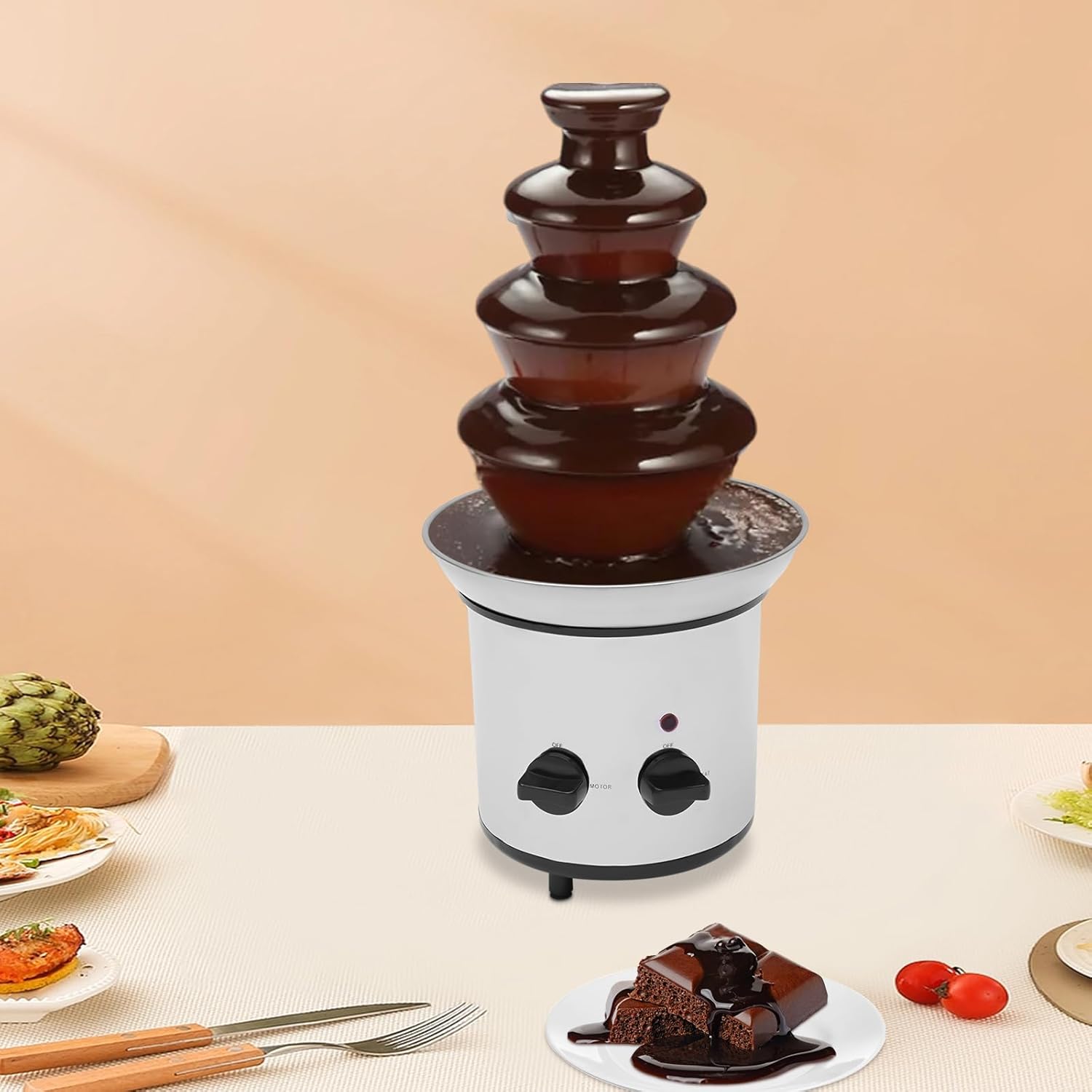 170W 4 Tier Electric Chocolate Fondue Fountain Machine for Parties Melts Cheese, Queso, Candy, and Liqueur Dip Strawberries, Apple Wedges, Vegetables, Stainless Fountain Set 18.5-Inches Tall