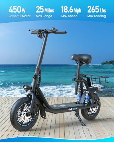 Gyroor Electric Scooter Adults, 20/25 Miles Range 450W Motor up to 15.5/18.6 MPH Speed LCD Display, Electric Scooter with Basket