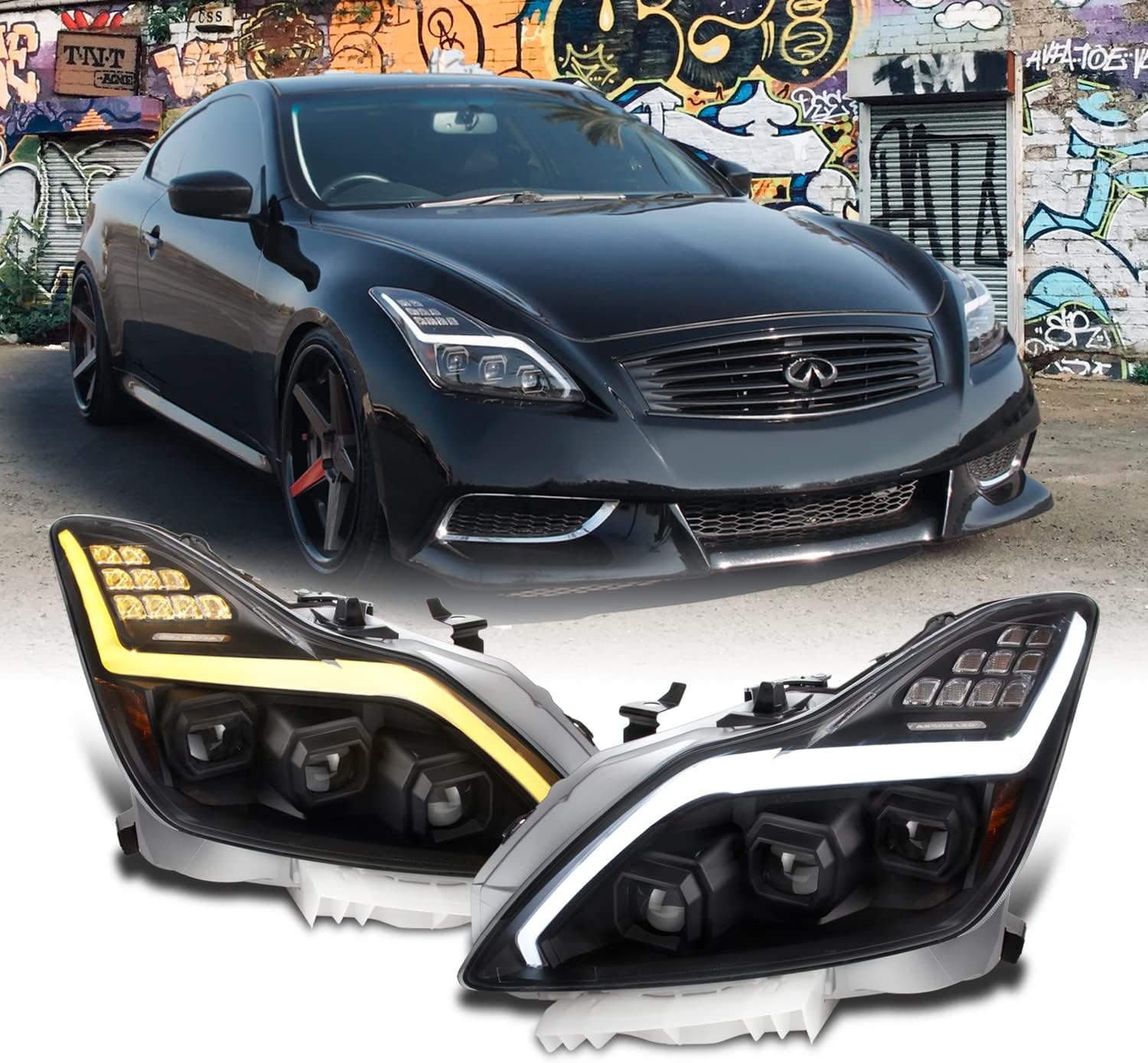 AKKON - For 2008-2015 G37 / Q60 Coupe [FULL LED Low/High Beam] W/Sequential Signal Tube Projector Headlights