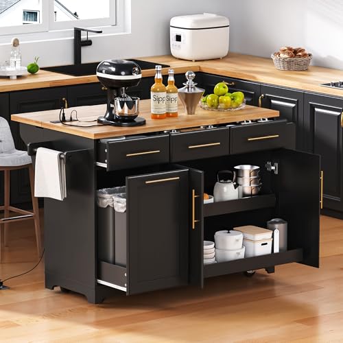 Ball & Cast Farmhouse Kitchen Island with Drop Leaf & Barn Door,Rolling Kitchen Cart on Wheels with Power Outlet,3 Large Drawers,Adjustable Shelf & Spice Rack,for Home,Kitchen,Dining Room,Black,56