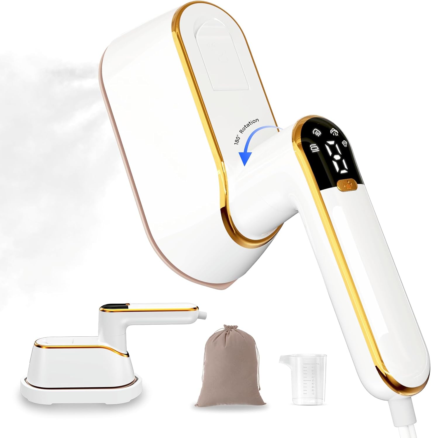 Travel Steamer for Clothes Portable Mini, 1300W Steam Iron for Clothes, Plancha a Vapor Para Ropa 10S Fast Heating, 180° Rotatable Mini Steamer, 2-in-1 Handheld Clothes Steamer With LCD Screen