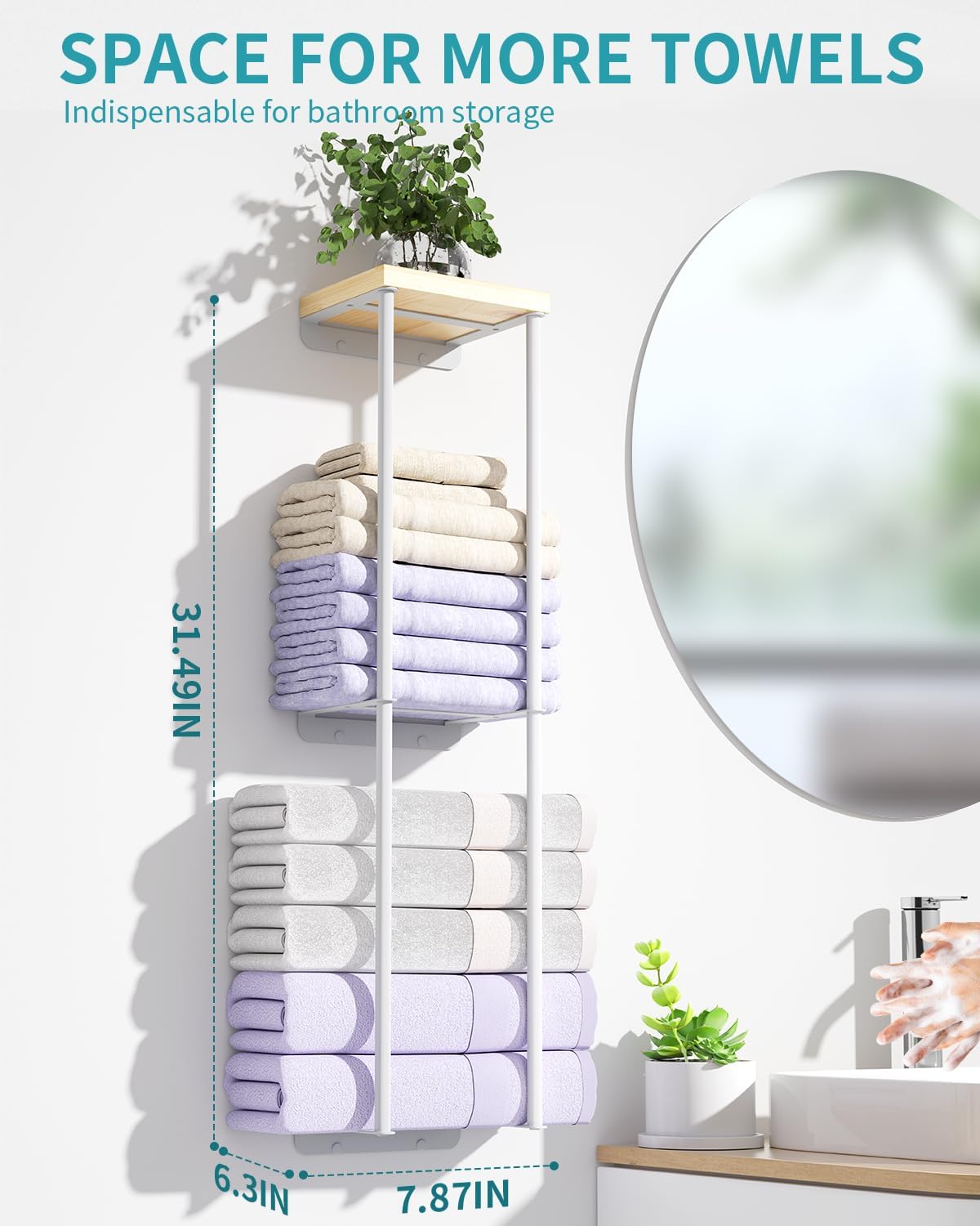 Towel Racks for Bathroom, 2 Tier Wall Towel Holder with Wood Shelf, Metal Wall Towel Rack Mounted Towel Storage for Small Bathroom (White)