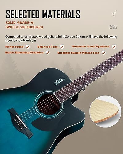 Rosen Solid Top Dreadnought Acoustic Guitar 41 Inches Spruce Guitar Beginner Bundle with Book, Padded Bag, Strings, Picks, Hexwrench, Strap, Polishing Cloth, Blue