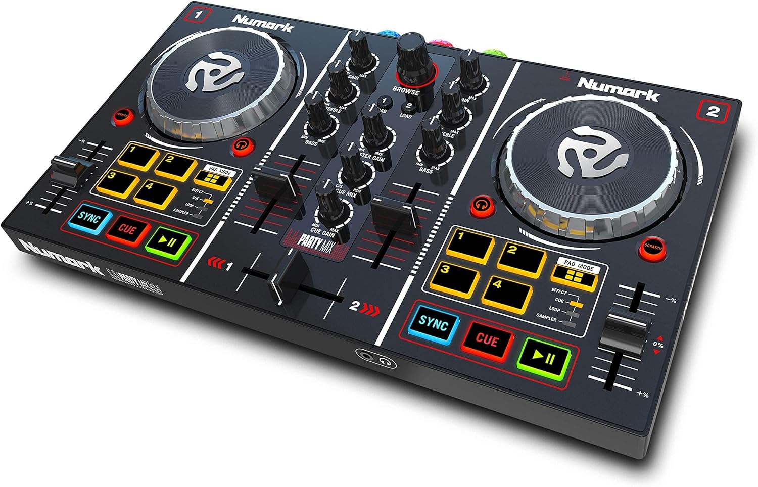 Numark Party Mix - Complete DJ Controller Set for Serato DJ with 2 Decks, Party Lights, Headphone Output, Performance Pads and Crossfader/Mixer