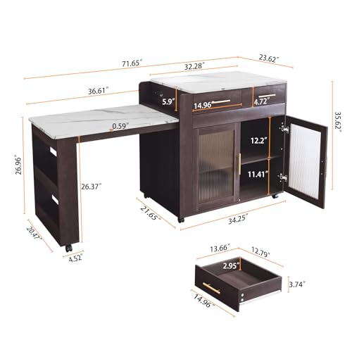 HLR Extendable Kitchen Island on Wheels, Rolling Kitchen Island Cart with Power Outlet, Marble Grain Top Kitchen Island Table with Storage Cabinet and Drawers, Island Table for Kitchen