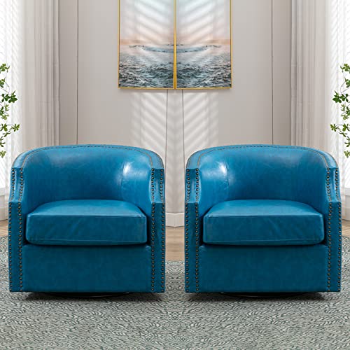 Swivel Accent Chair Set of 2, Faux Leather Comfy Round Barrel Chair for Living Room, 360 Degree Club Chair for Nursery Bedroom Living Room Hotel Office, Brown