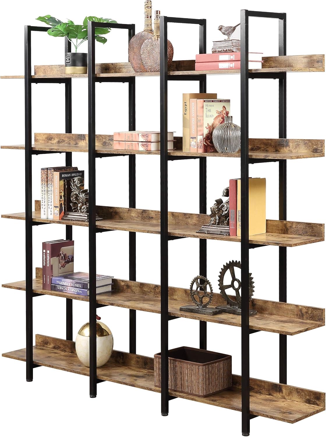 5 Tier Bookcase Home Office Open Bookshelf, Vintage Industrial Style Shelf with Metal Frame, MDF Board