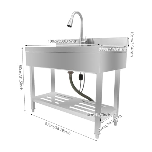 Stainless Steel Kitchen Sink 50L Freestanding Single Bowl Utility Sink with Cold and Hot Water Pipe and Pull-Out Faucet Utility Washing Hand Basin with Storage Shelf Laundry Tub for Indoor Outdoor