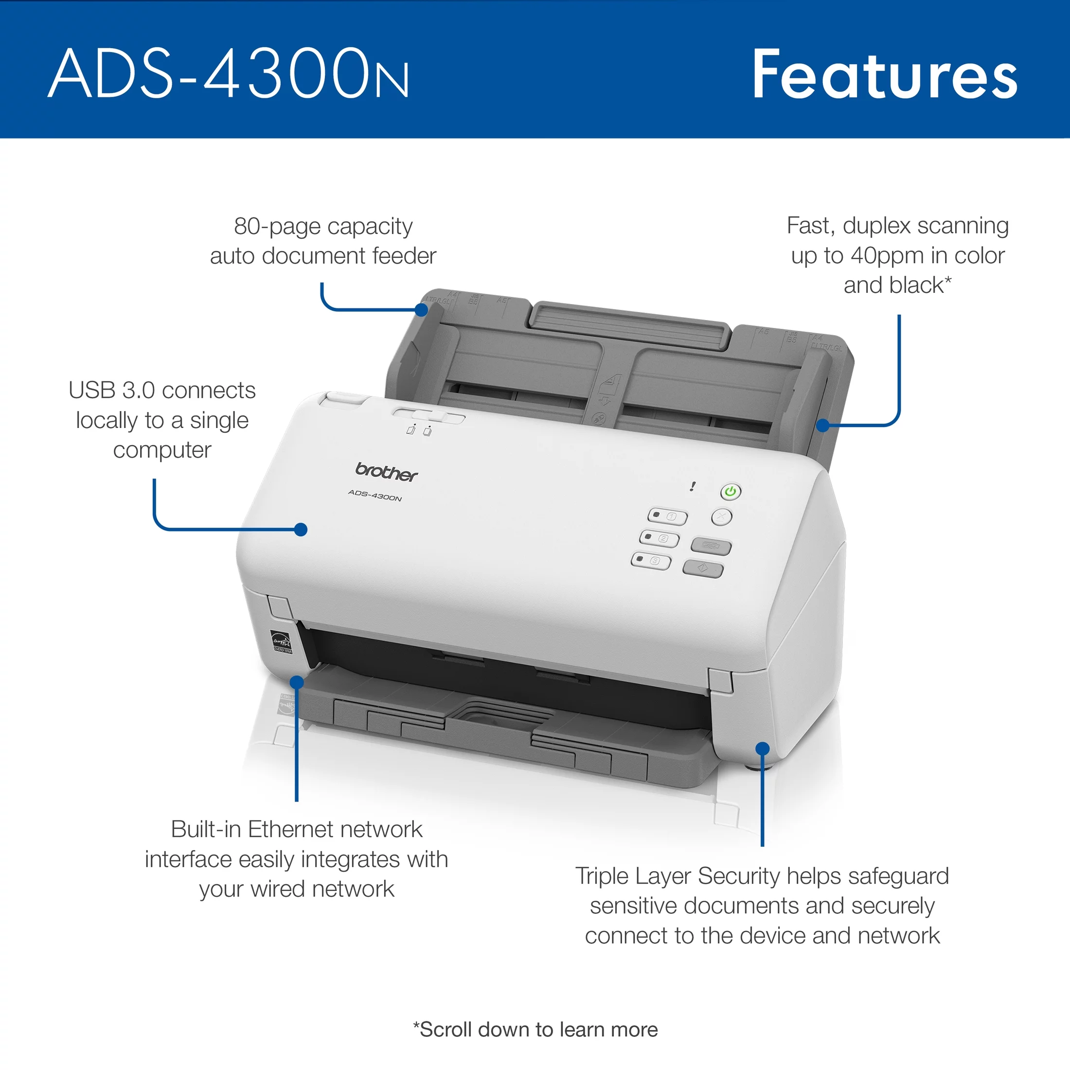 Brother ADS4300N Professional Desktop Document Scanner for Business Workgroups